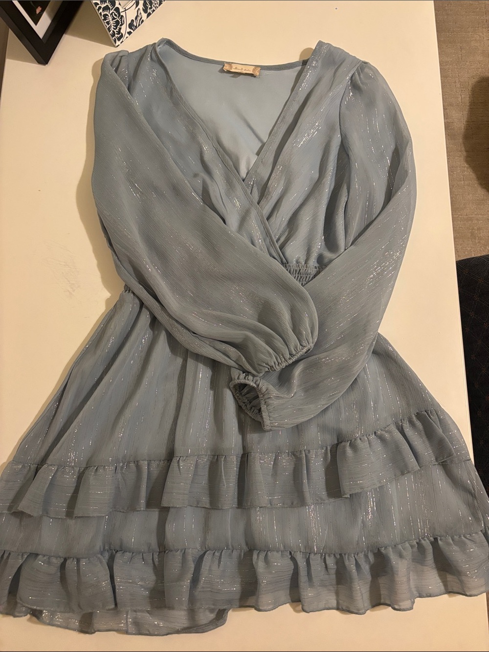 Altar'd State Dusty Blue Metallic Ruffle Long Sleeve Dress